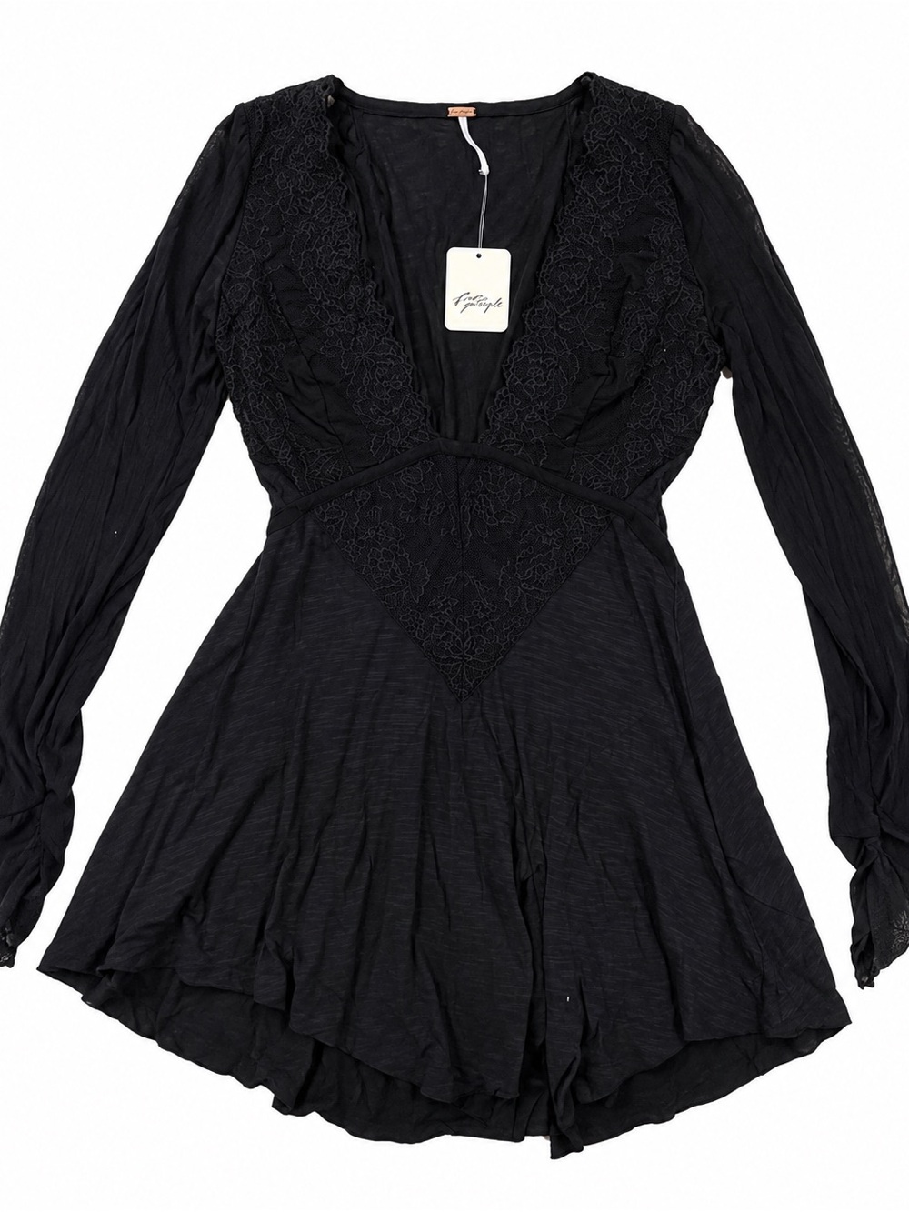 Free People Black Long Sleeve Lace-Trim Tunic